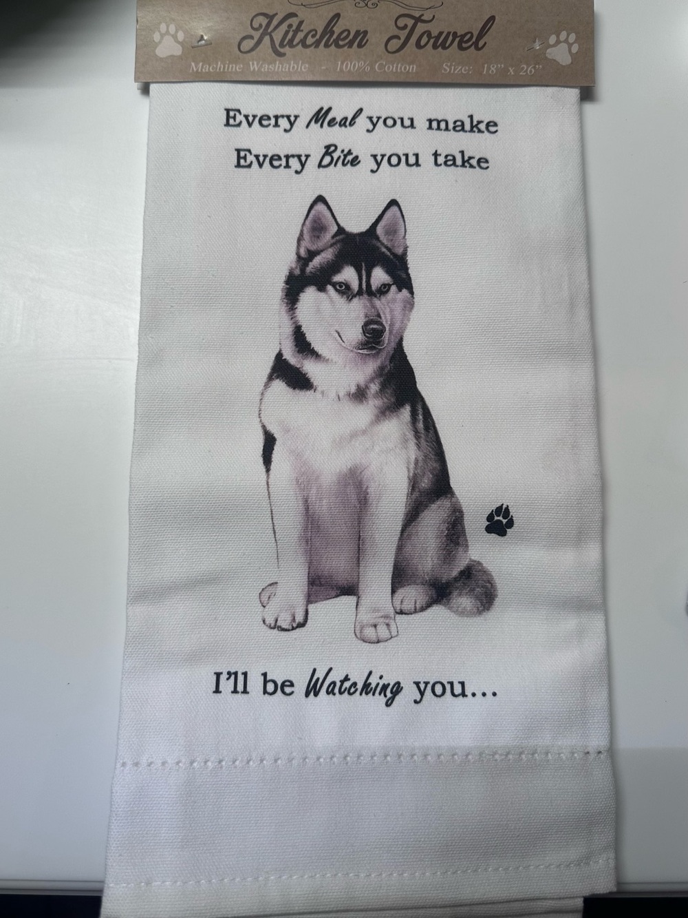 Kitchen Towel with Husky Dog Design - White